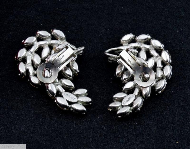 Schreiner 2 curly branch earring small baguette small navette crystal silvertone jewelry