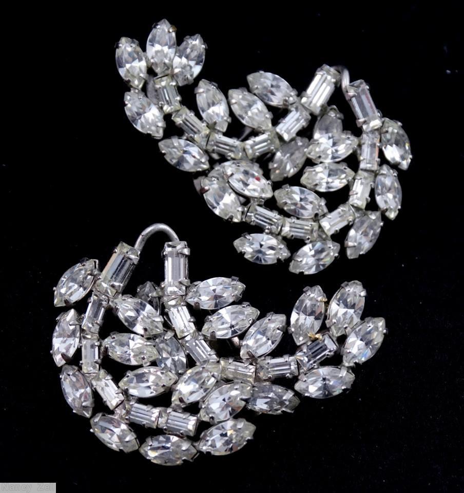 Schreiner 2 curly branch earring small baguette small navette crystal silvertone jewelry
