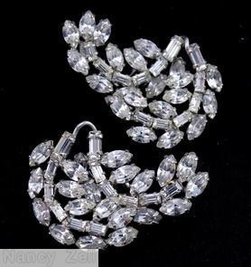 Schreiner 2 curly branch earring small baguette small navette crystal silvertone jewelry