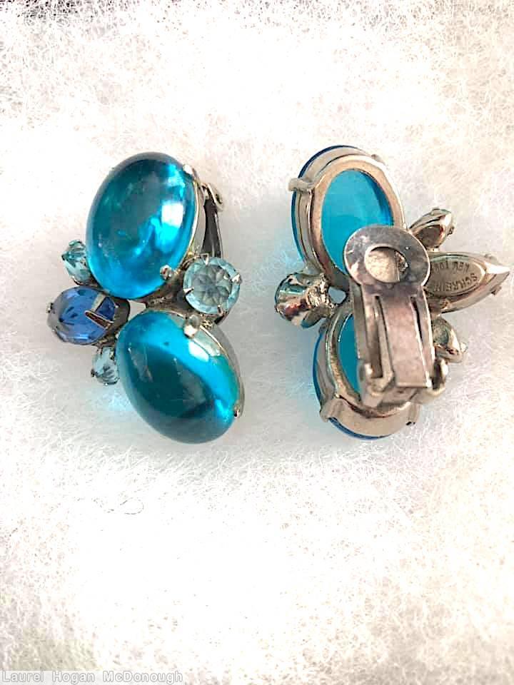 Schreiner 2 large oval cab 4 navette earring blue large oval cab pale aqua inverted stone pale navy navette silvertone jewelry