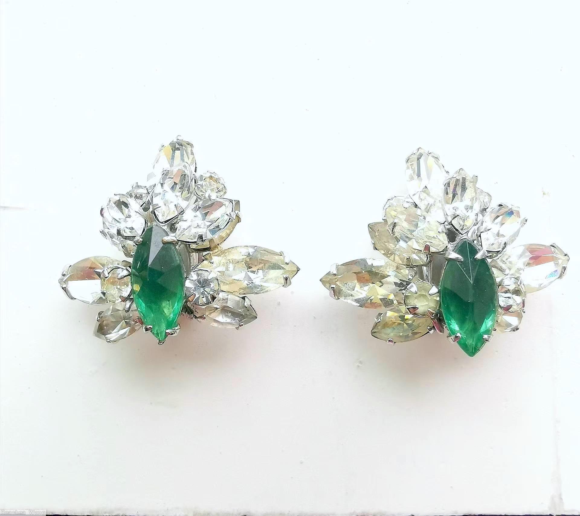 Schreiner 2 level asymmetric radial earring 1 large navette center top 3 navette 2 chaton bottom 3 large navette 3 small navette 2 chaton clear green large faceted navette crystal silvertone jewelry