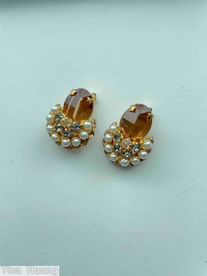 Schreiner 2 level large oval cab bottom half clustered ball top topaz large faceted oval stone smoky chaton faux pearl faceted inverted clear champagne goldtone jewelry