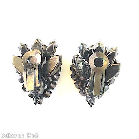 Schreiner 2 level leaf shape earring top level arch of 11 stone bottome level 3 large navette 2 navette ruby cyrstal jet jewelry