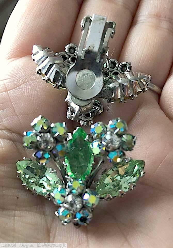Schreiner 3 clustered flower 3 navette green navette ab crystal silvertone jewelry