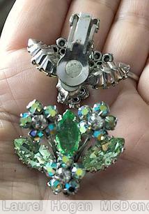 Schreiner 3 clustered flower 3 navette green navette ab crystal silvertone jewelry