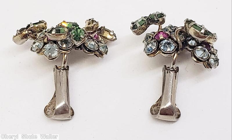 Schreiner 3 clustered flower 3 small branch of 3 navette green navtte purple chaton ice blue chaton goldtone jewelry