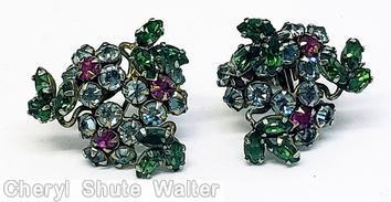 Schreiner 3 clustered flower 3 small branch of 3 navette green navtte purple chaton ice blue chaton goldtone jewelry