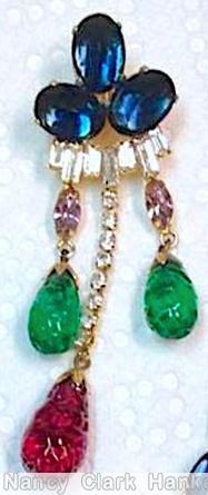 Schreiner 3 dangling top down earring top 3 large oval cab 6 small bagette 2 side teardrop dangle navette middle long small chaton stem large teardrop bead dangle navy blue large oval cab crystal small baguette ice lavender clear small navette crystal small chaton emerald large teardrop ruby large teardrop goldtone jewelry