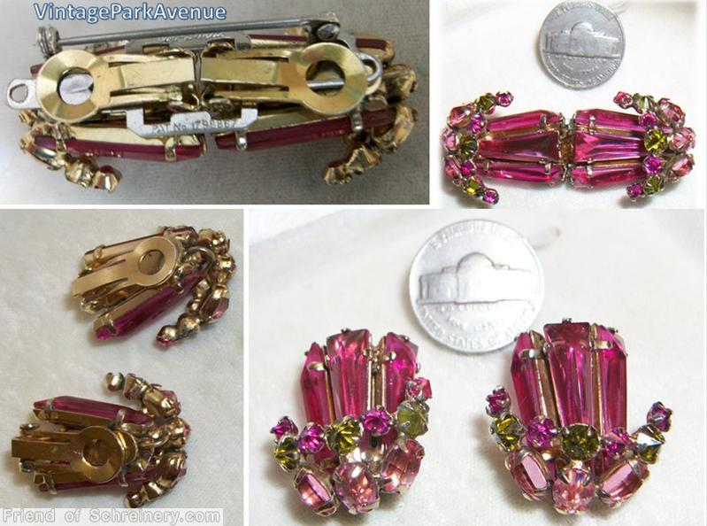 Schreiner 3 keystone grouped 2 level earring top level 3 navette 7 stone arch fuchsia keystone peridot pink navette goldtone jewelry