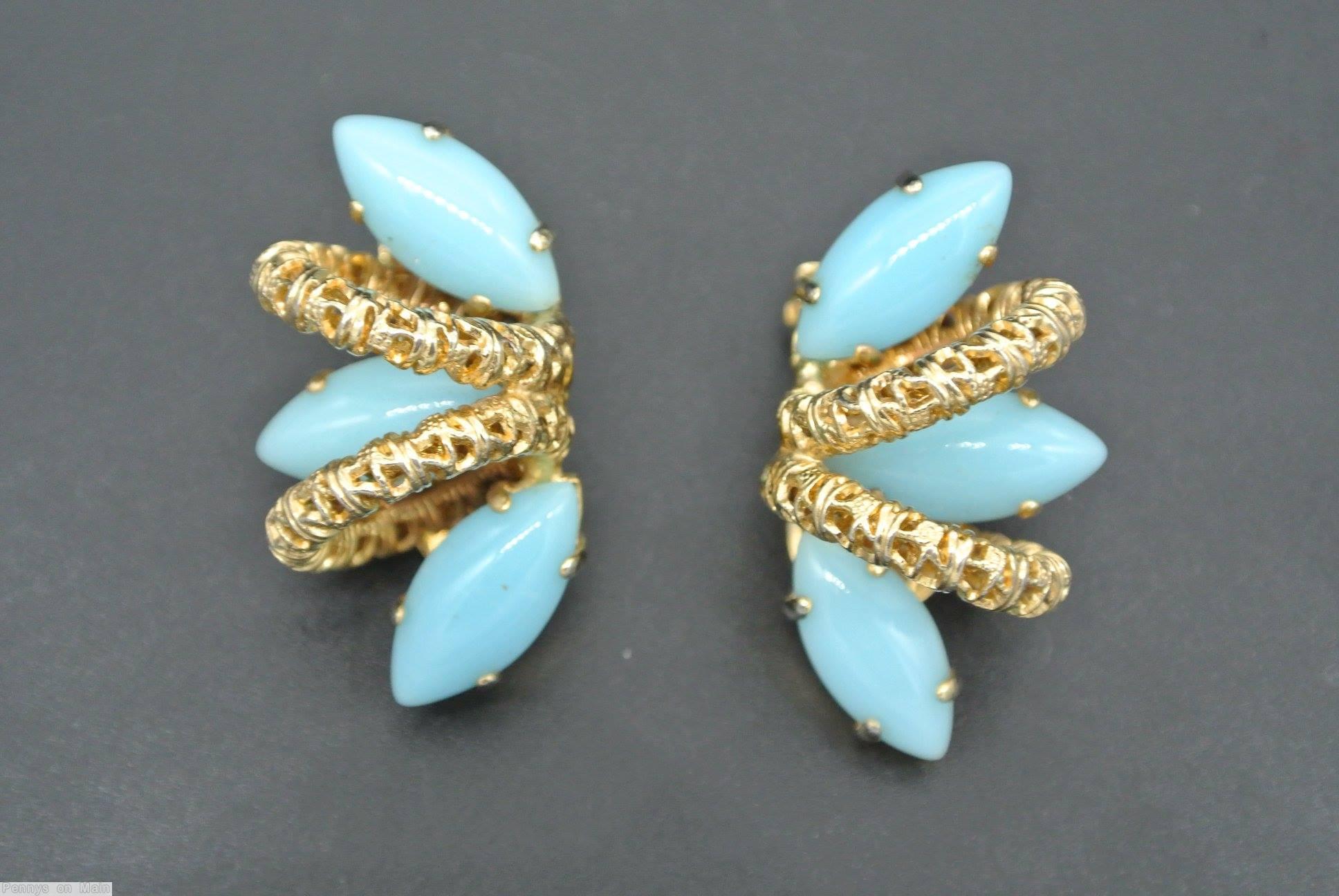 Schreiner 3 navette 2 metal arch side radial earring baby blue opaque navette goldtone jewelry