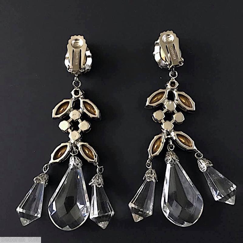 Schreiner 3 part 3 large faceted crystal dangle earring top 1 large chaton middle 4 navette 5 small chaton crystal silvertone jewelry