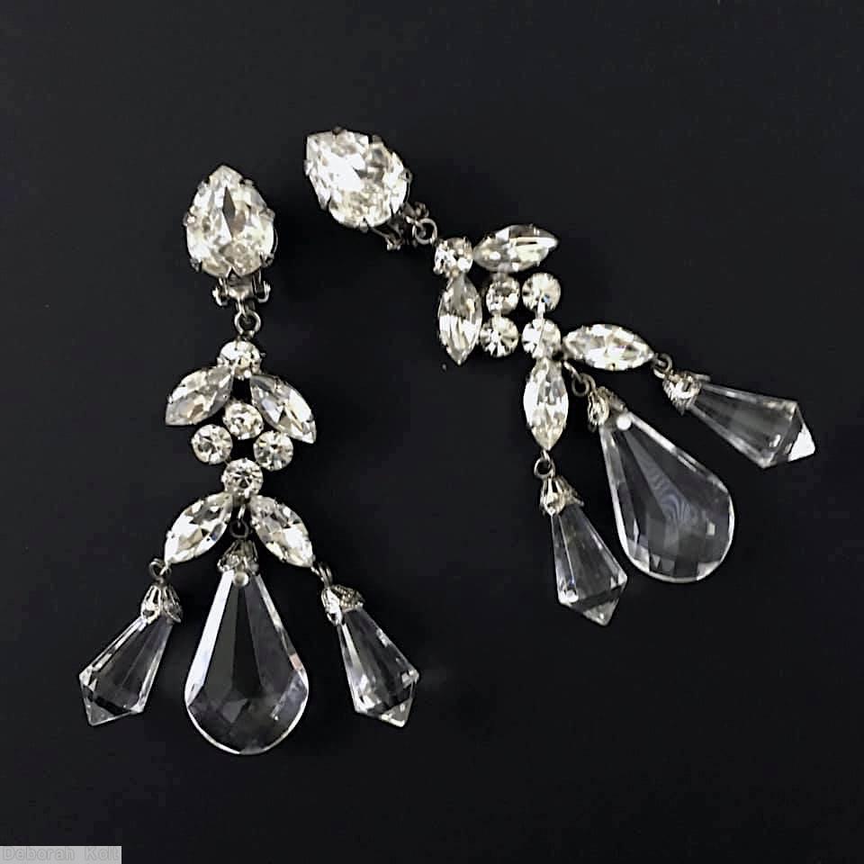 Schreiner 3 part 3 large faceted crystal dangle earring top 1 large chaton middle 4 navette 5 small chaton crystal silvertone jewelry
