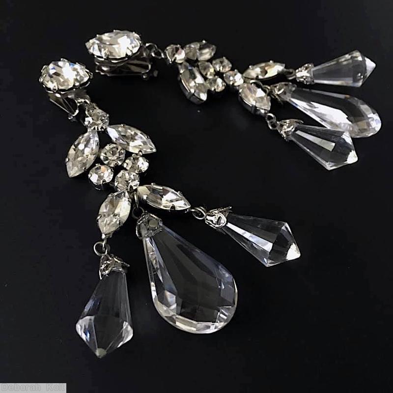 Schreiner 3 part 3 large faceted crystal dangle earring top 1 large chaton middle 4 navette 5 small chaton crystal silvertone jewelry