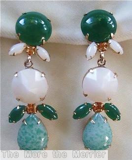 Schreiner 3 part dangling earring teardrop bottom 2 navette chaton middle chaton top 2 navette 2 large chaton 4 small navette emerald moonglow white faceted chaton green speckled teardrop emerald jewelry