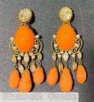 Schreiner 3 part scrollwork dangling earring bottom 3 large teardrop bubble dangle 2 navette dangle large oval cab middle large chaton top faux pearl seeds coral crystal goldtone jewelry