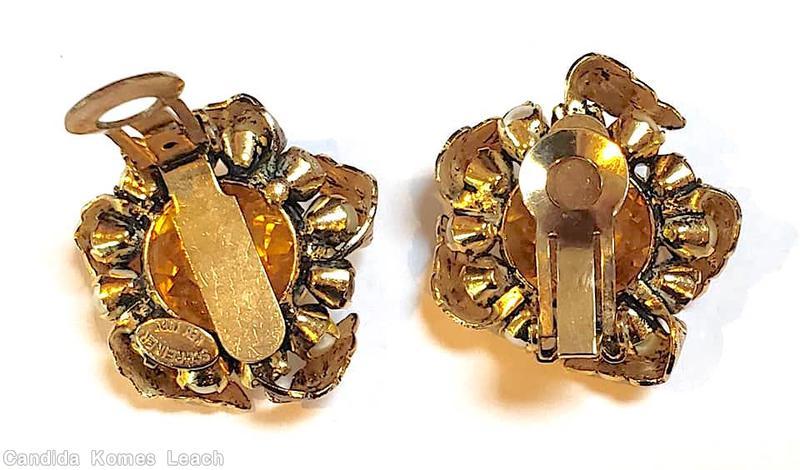 Schreiner 5 swirled metal leaf large chaton center 6 surrounding faux pearl 6 surrounding chaton amber goldtone jewelry