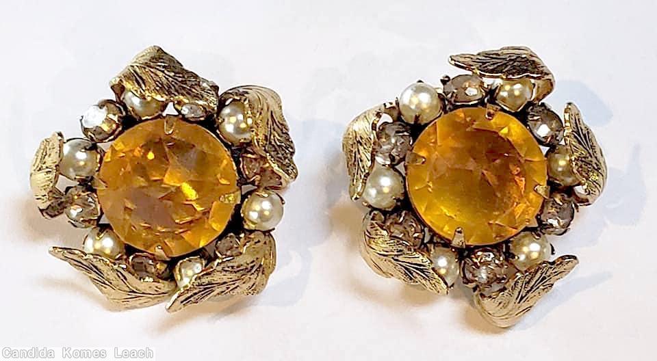 Schreiner 5 swirled metal leaf large chaton center 6 surrounding faux pearl 6 surrounding chaton amber goldtone jewelry