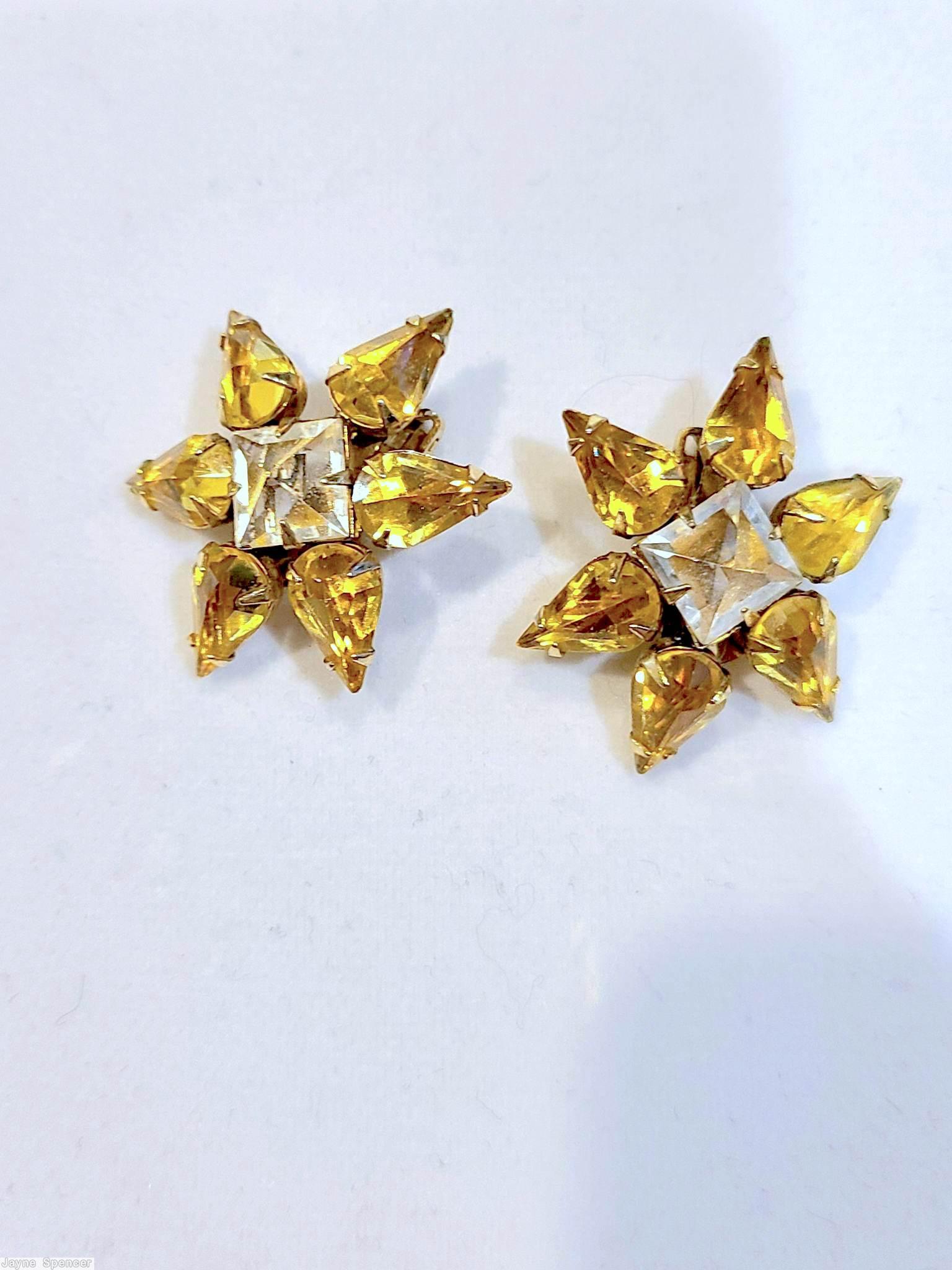 Schreiner 6 teardrop radial earring facetd square stone center jonquil facetd teardrop bicolor clear champagne crystal facetd square stone goldtone jewelry