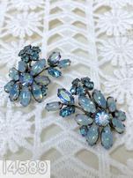 Schreiner 9 navette radial pin 1 clustered flower chaton center 1 branch bicolor blue white navette aqua small navette silvertone jewelry