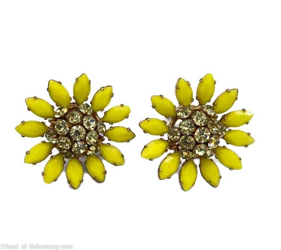 Schreiner clustered ball center 12 navetted radial earring lime navette clear champagne small chaton goldtone jewelry