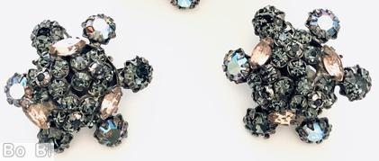 Schreiner clustered ball center radial earring 6 surrounding chaton 3 swirling navette smoky chaton topaz navette silvertone jewelry