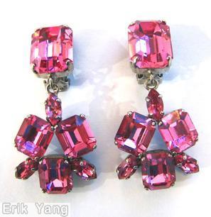 Schreiner dangling large emerald cut top 3 emerald cut  3 teardrop bottom pink silvertone jewelry