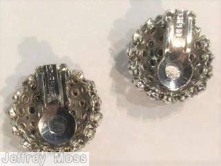 Schreiner domed round earring 3 rounds small chaton center 6 surrounding small chaton inverted metalic silver silvertone jewelry