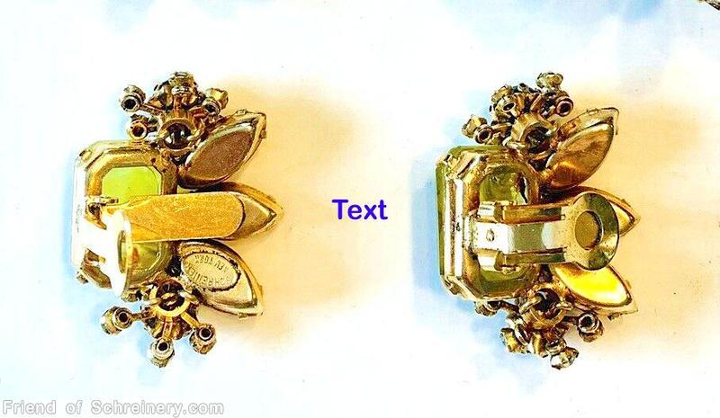 Schreiner large emerald cut sided 2 chaton 3 navette marbled yellow emerald cut matte dark green chaton crystal ab emerald goldtone jewelry