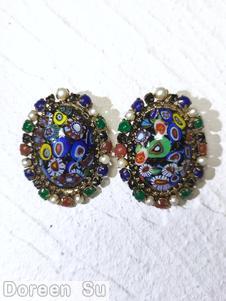 Schreiner large oval millefiori center 25 surrounding small stone blue millefiori faux pearl emearld small chaton lapis small chaton carnelian small chaton goldtone jewelry