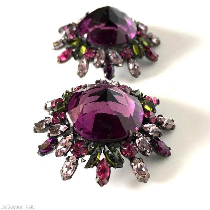 Schreiner large round cab center radial earring 18 surrounding stone of small navette chaton 12 outside small navette purple large faceted rose cut round cab peridot small navette ice pink small navette fuschia small chaton silvertone jewelry