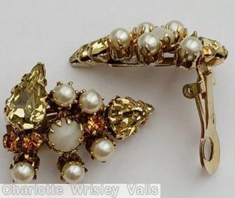 Schreiner leaf shaped pin 2 teardrop 1 large chaton 7 small chaton 5 faux pearl clear champgne faceted teardrop amber moonglow white chaton jewelry