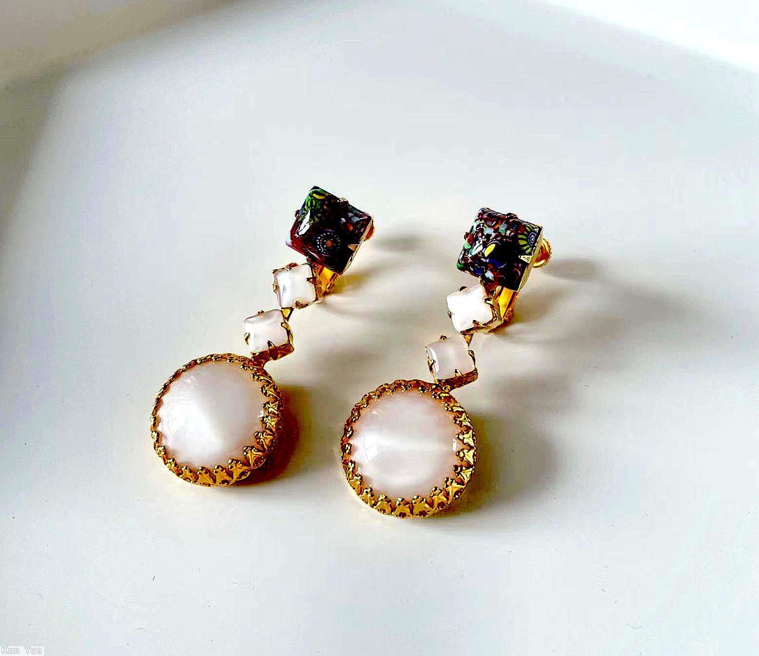 Schreiner long dangling earrings top square stone middle 2 small square stone bottom large round cab square millefiori moon glow square stone moon glow round cab goldtone jewelry