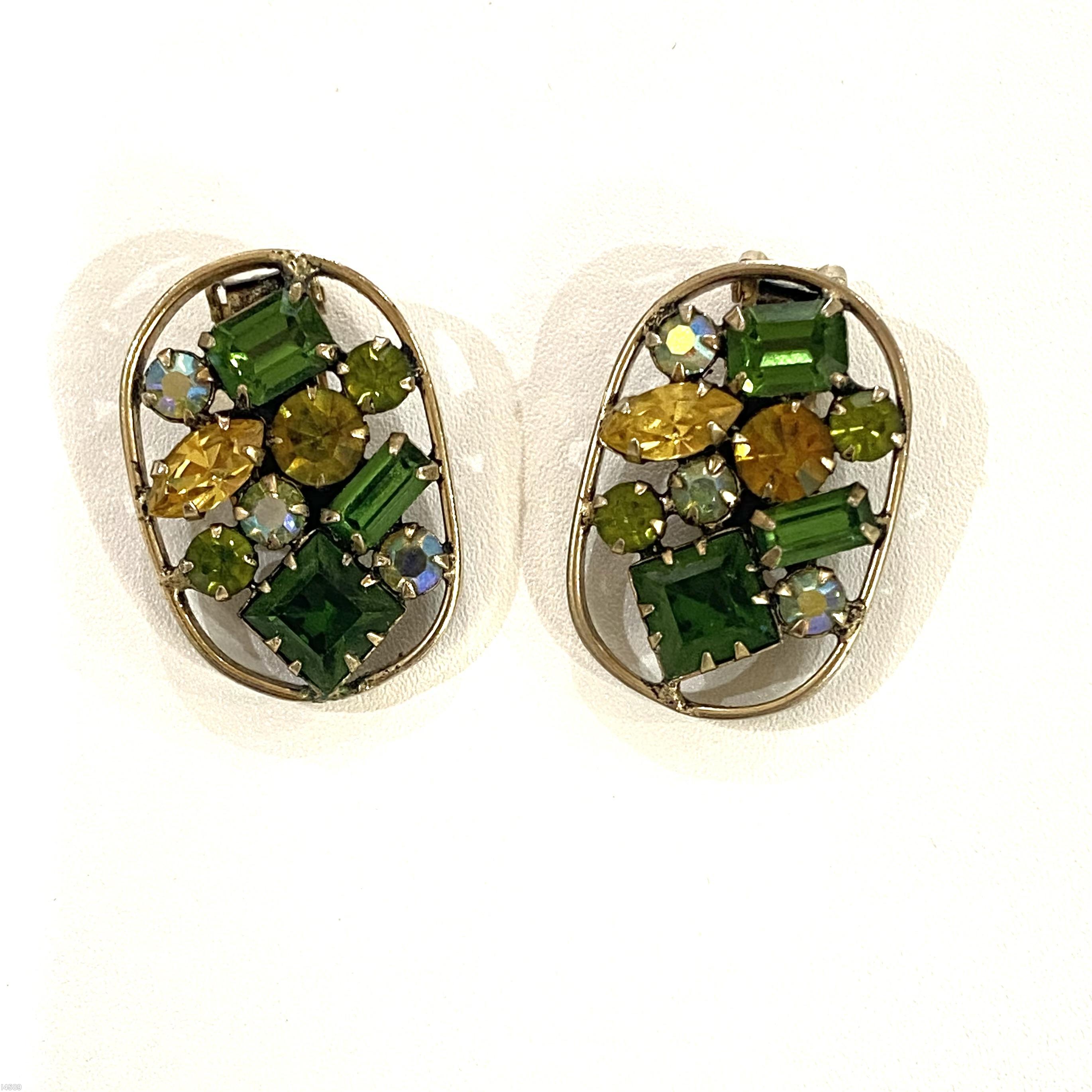 Schreiner oval shadow box earring end of day 1 small square stone 1 small baguette ab small chaton green square stone peridot small chaton small clear champagne navette goldtone jewelry