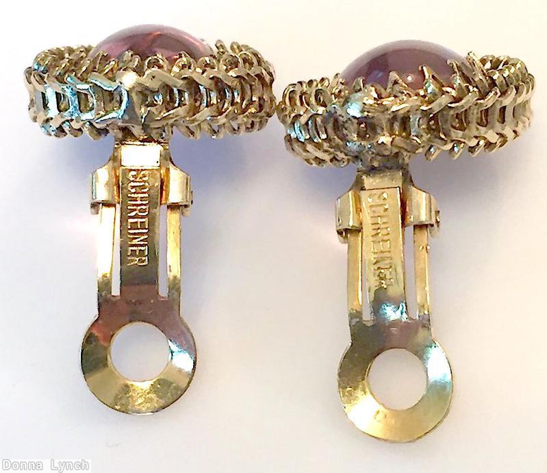 Schreiner oval shaped earring 1 large oval cab center surrounding metal mesh chain pale plum goletone jewelry