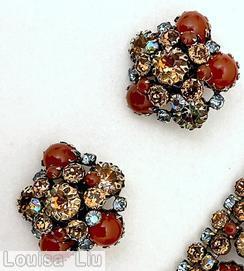 Schreiner pentagonal earring 5 round cab 1 round stone center 10 surrounding small chaton carnelian round cab clear champagne small clear crystal chaton goldtone jewelry
