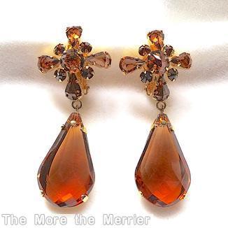 Schreiner radial 2 part earring large teardrop dangle radial cross top 4 teardrop 4 small chaton chaton center topaz goldtone jewelry