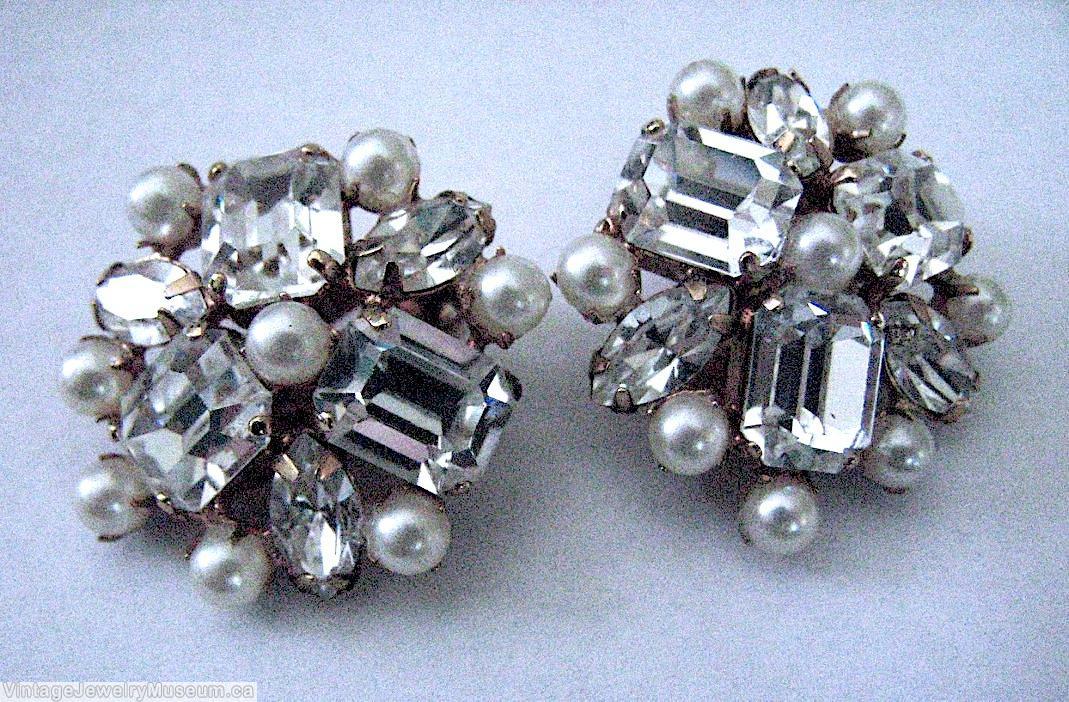 Schreiner radial 3 emerald cut 3 navette 8 faux pearl crystal faux pearl goldtone jewelry