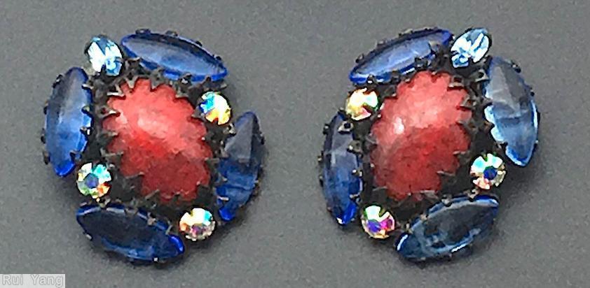 Schreiner radial earring 1 large oval cab center 1 round surrounding 4 navette 4 small chaton marbled red large oval cab marina blue navette ab small chaton jewelry