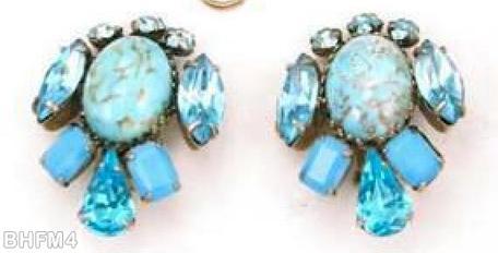 Schreiner radial earring center large oval cab 1 round surrounding 2 navette 1 teardrop 2 small emerald cut 3 small chaton turquoise large oval cab center opaque baby blue small emerald cut clear aqua teardrop ice blue goldtone jewelry