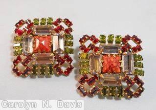 Schreiner radial square earring square stone center 4 surrounding baguette small baguette marbled carnelian square stone peridot crystal baguette ruby goldtone jewelry