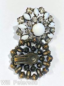 Schreiner round radial earring 9 surrounding small chaton 9 small square stone 9 small navette milk white crystal jewelry