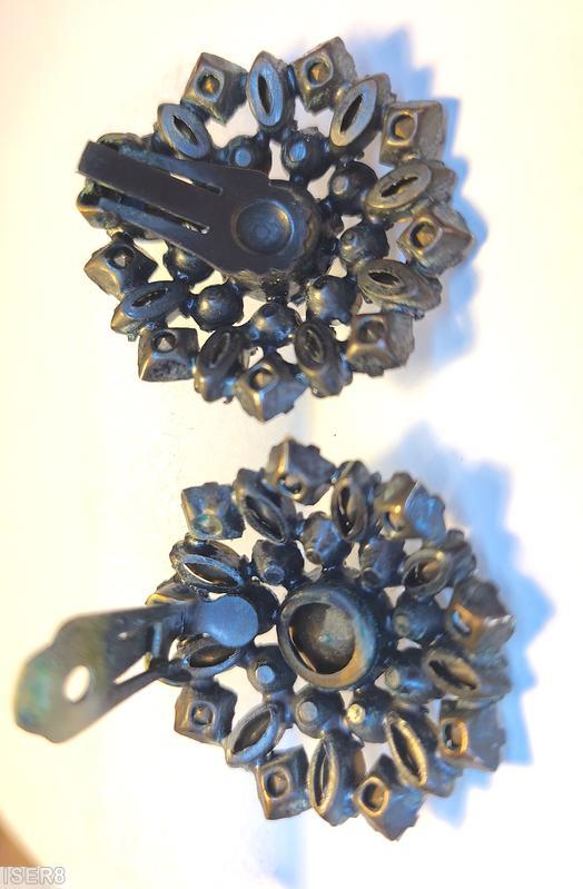 Schreiner round radial earring 9 surrounding small chaton 9 small square stone 9 small navette milk white crystal jewelry