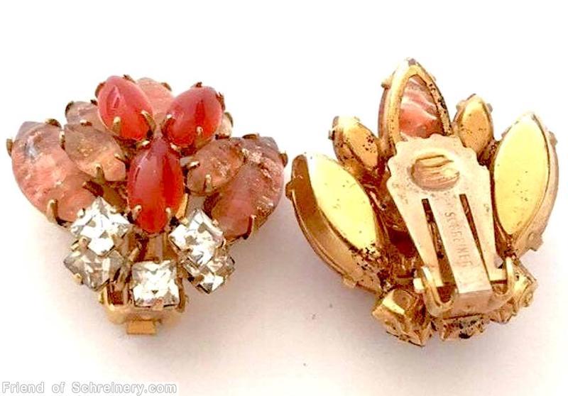 Schreiner side radial 2 level earring 4 navette 6 small navette 3 small square stone peach venetian crystal square carnelian navette goldtone jewelry