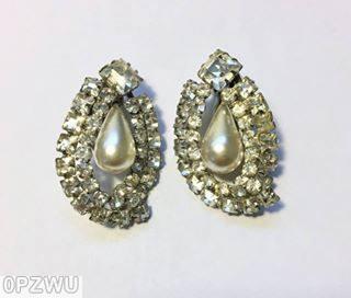 Schreiner teardrop shaped hollow earring large teardrop center 2 rounds 16 surrounding small chaton faux pearl crystal silvertone jewelry