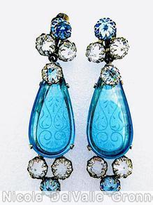 Schreiner top down 1 dangle large teardrop etched glass 7 chaton clear blue etched glass crystal chaton jewelry