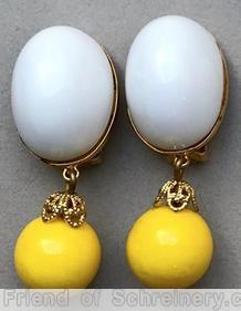 Schreiner top down 2 part dangling earring large oval cab top round globe down milk white large oval cab yellow globe goldtone jewelry