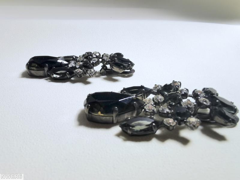 Schreiner top down 3 part bilaterial dangling earring top 3 navette bottom 1 large teardrop 2 large navette middle 3 chaton smoky large teardrop smoky navette crystal chaton jewelry