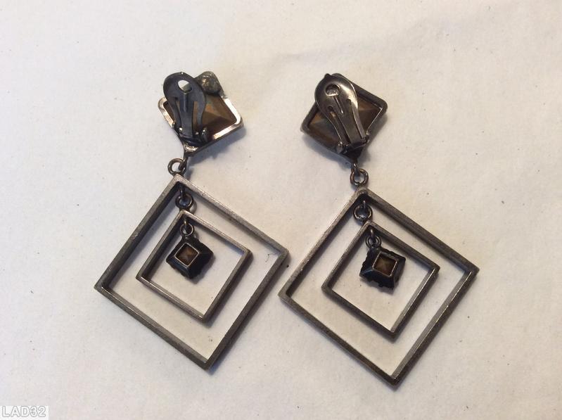 Schreiner top down dangle contemporary earring 2 metal square bottom large square top crystal silvertone jewelry