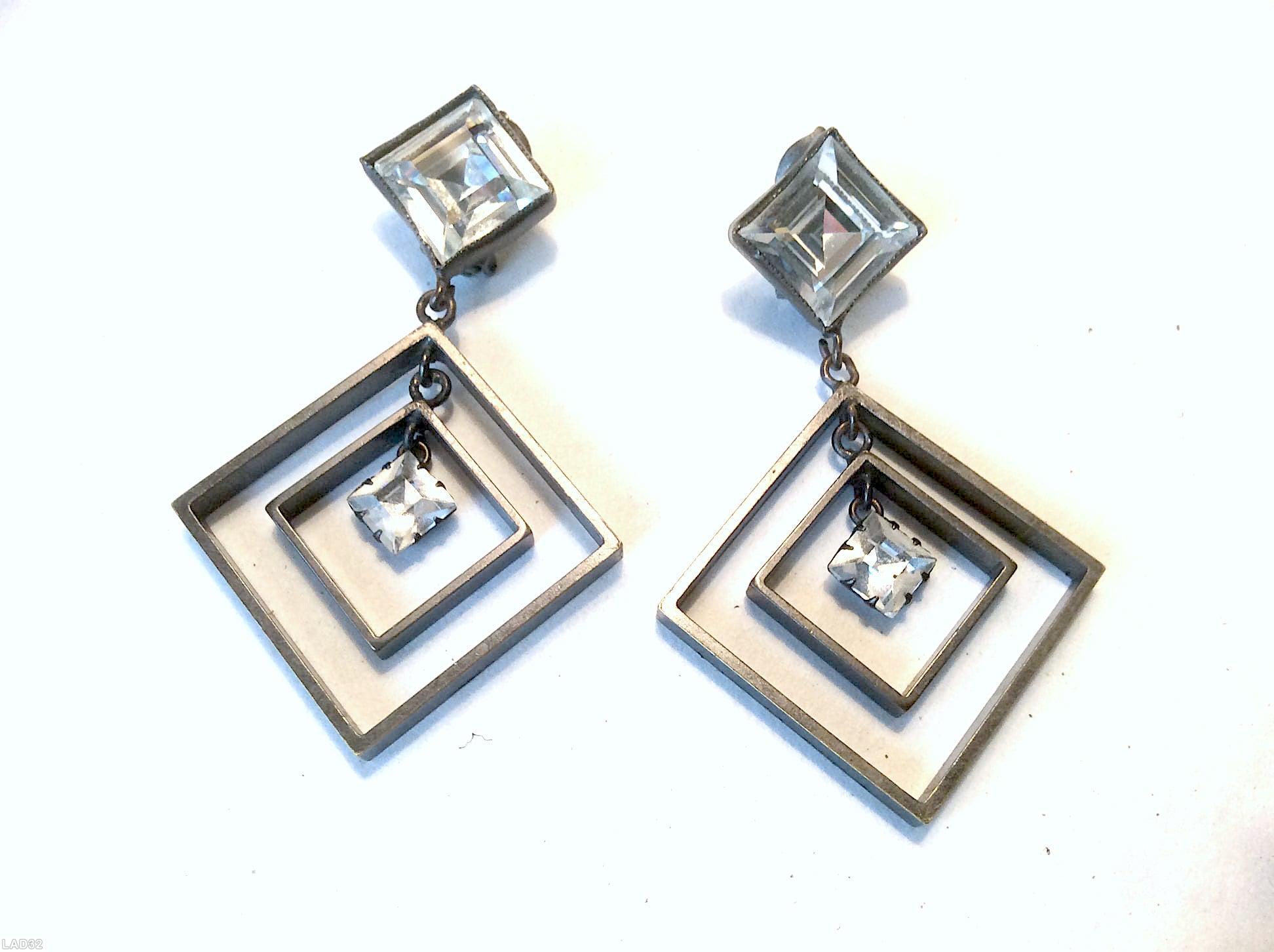 Schreiner top down dangle contemporary earring 2 metal square bottom large square top crystal silvertone jewelry