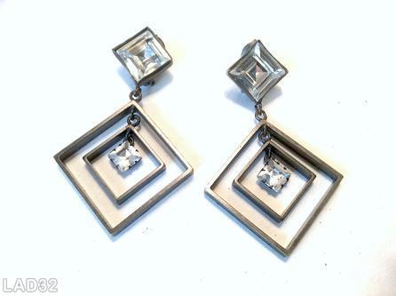 Schreiner top down dangle contemporary earring 2 metal square bottom large square top crystal silvertone jewelry